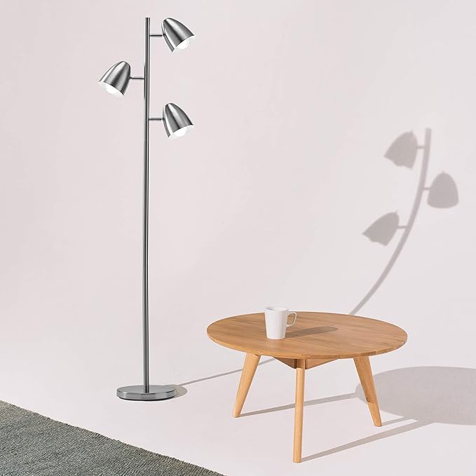 Brightech Jacob LED Standing Lamp, Modern Bright Floor Lamps for Living Rooms & Bedrooms, Tall LED Lighting Lamp with Adjustable 3 Light Tree – Satin Nickel