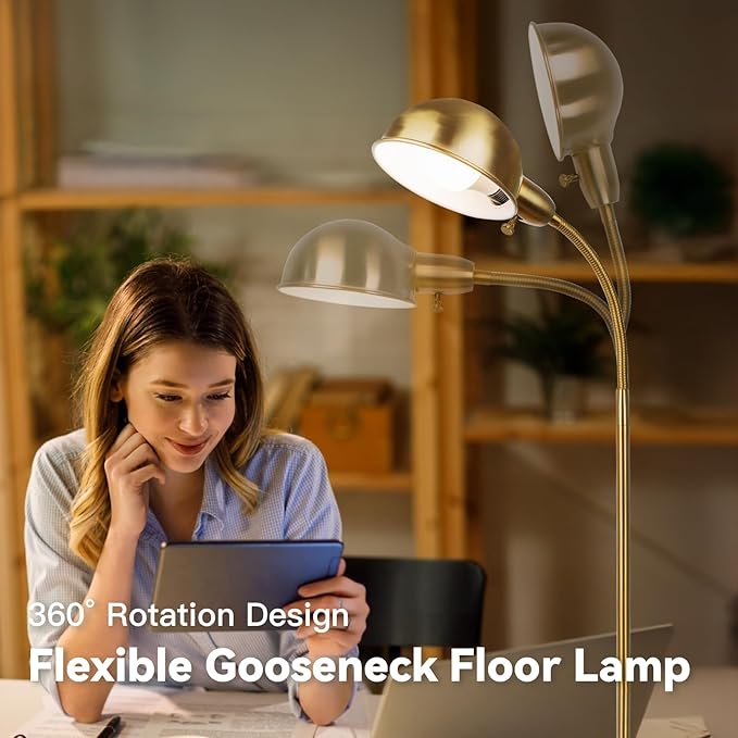 Dimmable Floor Lamp with Flexible Gooseneck and Rotatable Shade, Modern Style Standing Tall Lamp, E26 Socket, LED Reading Lamp (Gold)