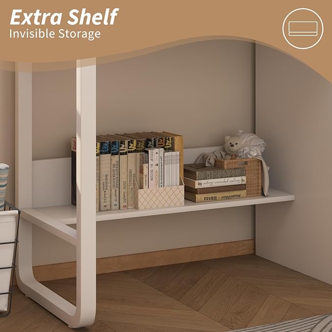 White Desk with Drawers, 47 Inch Computer Desk with 3 Drawers for Bedroom, Study Desk with Drawers for Small Spaces, Bottom Shelves