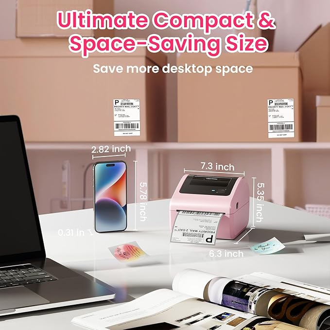 Bluetooth Shipping Label Printer with 3 Roll Labels, D450BT Pink Thermal Label Printer 4x6 for Small Business, Thermal Printers Come with 750PCS 4x6‬ White Labels (250 Labels/Roll)