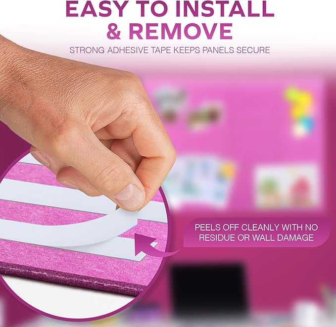 Bulletin Board 40x30in, 12 Count 9.8 x 9.8in Felt Wall Tiles with Removable Adhesive Tape, Cork Board Alternative for Walls, Wall Decor, Kids Art Display, Kids Room (Magenta Collection)