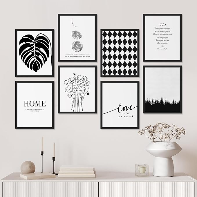 SIGNWIN Framed Poster Bathroom Decor, Wall Art Room Decor Multicolor for Living Room, Bedroom, Office Black White Monstera Leaf Love Home Typography Nature Abstract Shapes - 12"x16"x 8 Black