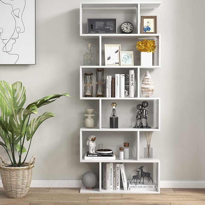 Tangkula 6-Tier Geometric Bookcase, Modern S-Shaped Storage Display Bookshelf for Living Room, Anti-Toppling Device, Home Office Wooden 6 Shelf Open Bookcase (1, White)