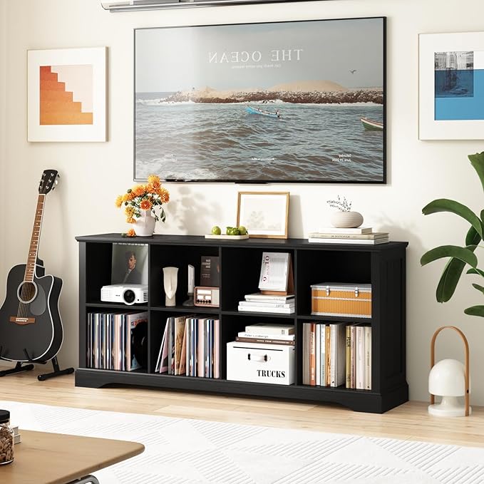 8 Cube Storage Organizer - 62" Long Farmhouse Wood Low Bookshelf, Horizontal Open Shelf Bookcase Cubby Storage Console Cabinet for Living Room, Entryway, Office, Black