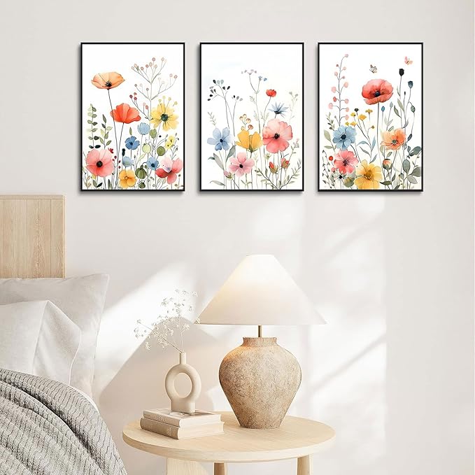 KISSFOX Framed Colorful Wildflower Canvas Wall Art Set Of 3 Flowers Pictures Prints Flowers Printing Floral Watercolors Flower wall Decor Living Room Girls Bedroom Bathroom