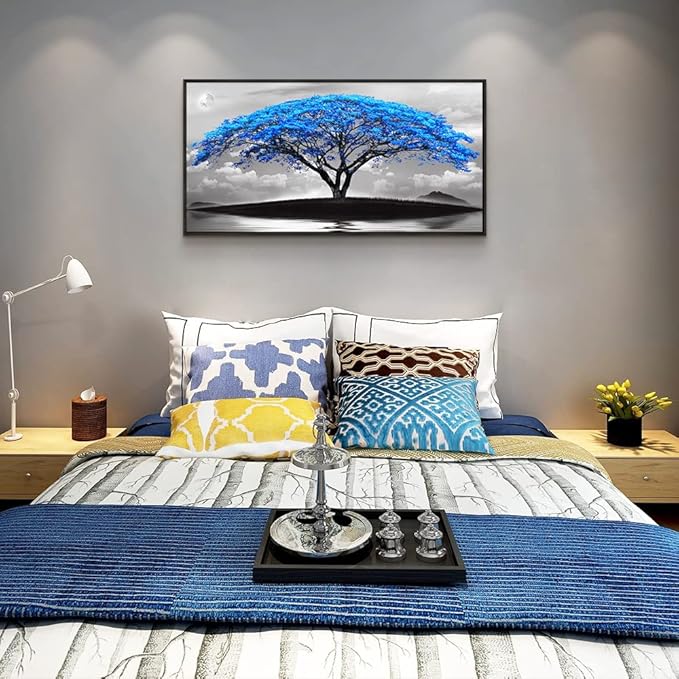 Framed Canvas Wall Art For Living Room Large Size Office Wall Decor Bedroom Decor Pictures Artwork Black And White Landscape Blue Tree Moon Wall Painting Home Decorations Black Frame 20" X 40"