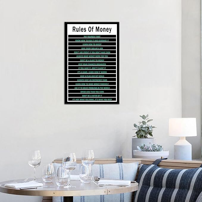 Inspirational Wall Art Rules Of Money Motivational Poster Quotes Wall Decor for Bedroom Bathroom Office Canvas Print Sign Framed Art Decoration Framed Ready to Hang [12''Wx18''H]