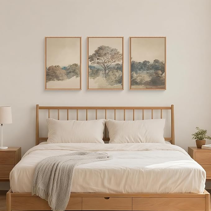 Abstract Hazy Forest Landscape Framed Canvas Wall Art Set,Vintage Natural Earth Tone Woodland Wall Decor,Neutral Wilderness Trees Botanical Artwork for Living Room, Bedroom,Farmhouse-16 x24 x3