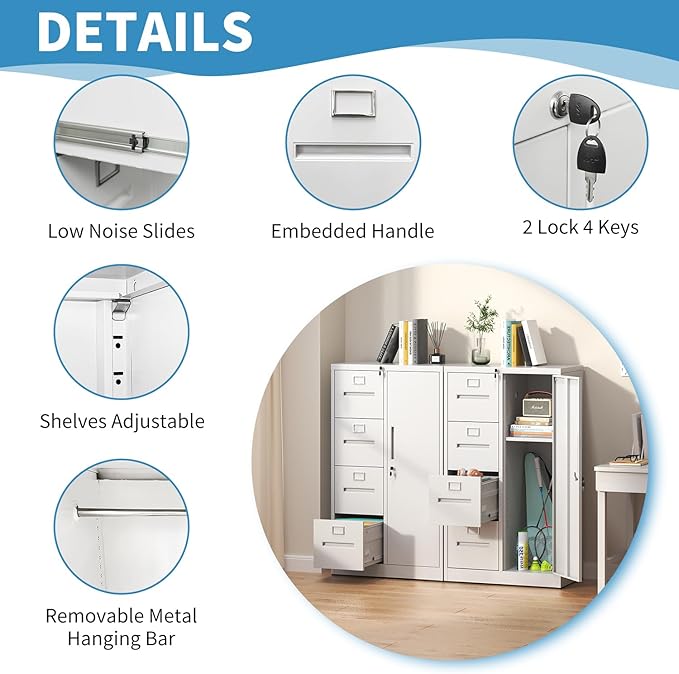 4 Drawer File Cabinet with Shelves and Hanging Rod, Metal Filing Cabinet with Lock for Home Office, File Storage Drawers for Legal/Letter Size Folders, Assembly Required (White)