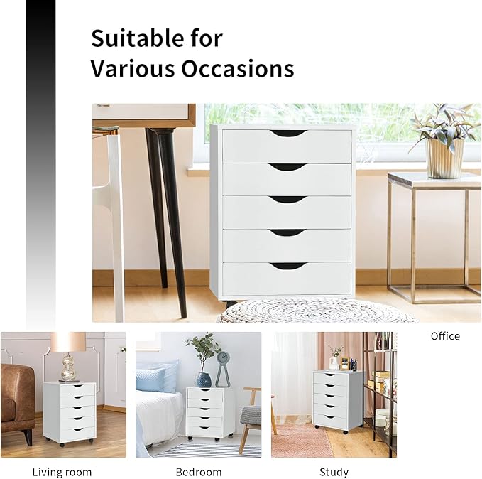 Giantex 5-Drawer Vertical File Cabinet, Mobile Office Storage Cabinet with Drawers, Large Capacity, 2 Lockable Casters and Universal Wheels, Under Desk Side Printer Stand Rolling File Cabinet (White)