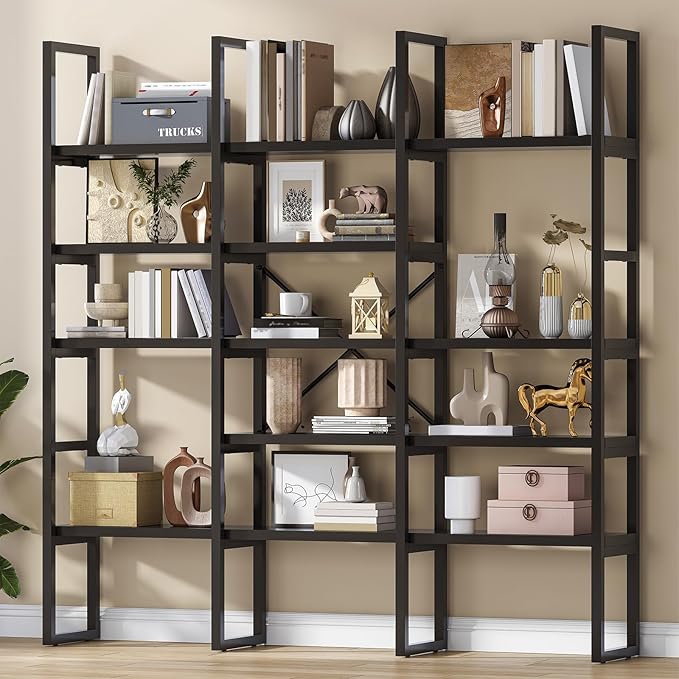 Jehiatek Large Bookshelf 5 Tiers, Triple Wide Geometric Bookcase, 71 Inches Tall Industrial Book Shelves Etagere Book Case, Sturdy Metal Frame, Freestanding Display Shelving Unit, Black