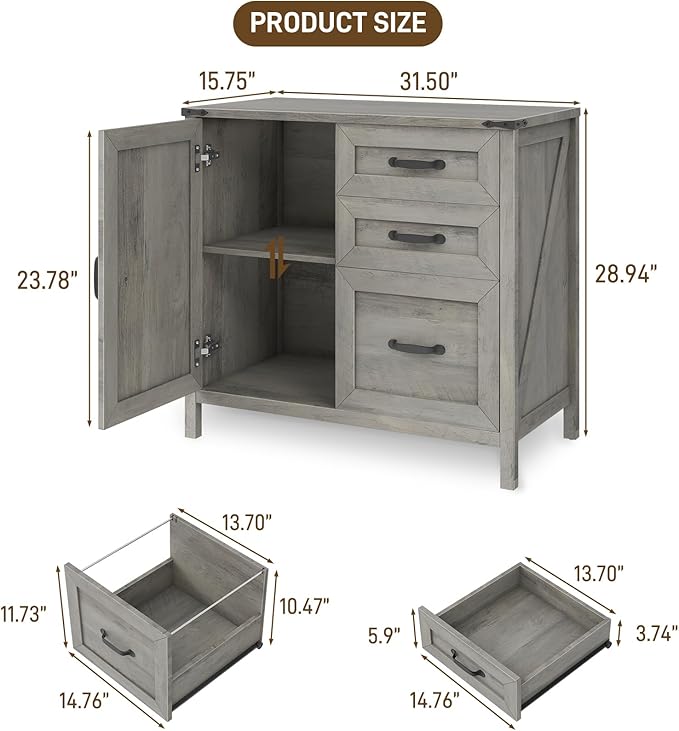 Lateral File Cabinet with 3 Drawers, Farmhouse File Cabinet for Letter/A4 Size Hanging Files, Large Wood File Storage Cabinets Printer Stand for Home Office Furniture, Grey