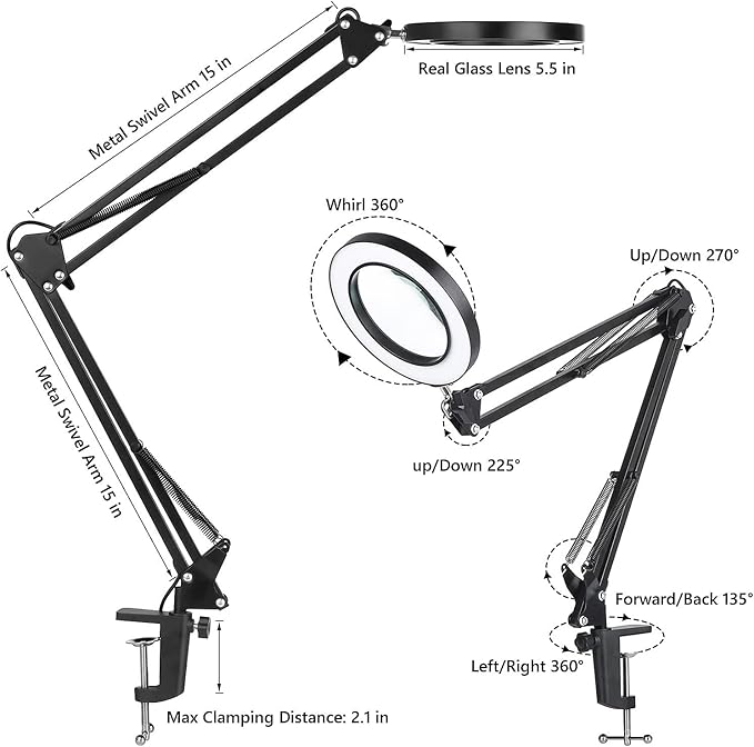 10X Magnifying Glass Lamp Ultra Long 3-Section Swing Arm with Light and Stand, Desk Lamp 5 Color Modes LED Super Bright Daylight, Arm Lighted Magnifying Lamp for Workbench, Crafting, Hobby (Black)