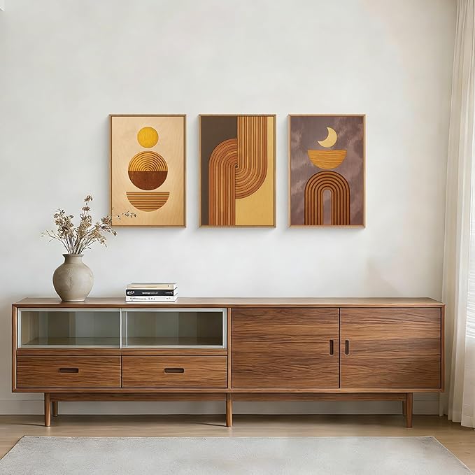 BICERE Large Boho Woodcut Framed Canvas Wall Art,Mid Century Modern Wall Decor,Abstract Geometric Brown Art Prints,Bohemian Sun and Moon Artwork for Living Room,Bedroom,Office -16"x24"x3