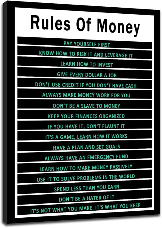 PSYYSP Motivational Canvas Wall Art for Office Rules Of Money Entrepreneur Quotes Poster Inspirational Positive Picture Poster Artwork for Home Living Room Gym Wall Decor Ready to Hang [30''Wx 40''H]