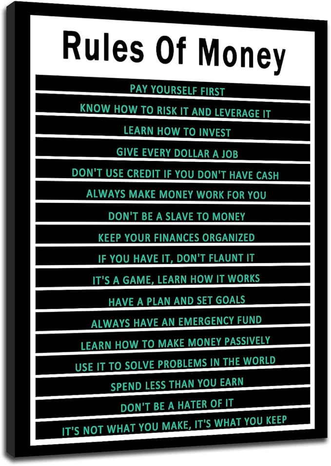 Inspirational Canvas Wall Art Motivational Positive Rules Of Money Entrepreneur Quotes for Home Bedroom Living Room Wall Decor Artwork Stretch and Framed [18''Wx24''H]