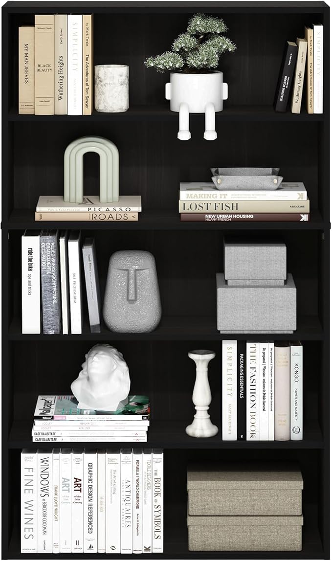 Furinno PASIR Book Shelf, 5-Tier Bookshelf, Bookcase with Open Shelf, 9.4 x 31.5 x 52.7, for Living Room, Bedroom, Home Office, Espresso