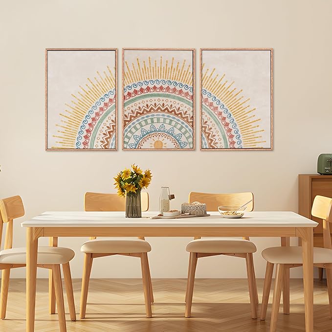 HPINUB Boho Sun Framed Canvas Wall Art Set, Mid-Century Modern Wall Decor, Minimalism Bohemian Wall Painting, Abstract Geometric Pattern Art Print for Living Room, Bedroom, Office - 24"x36"x3
