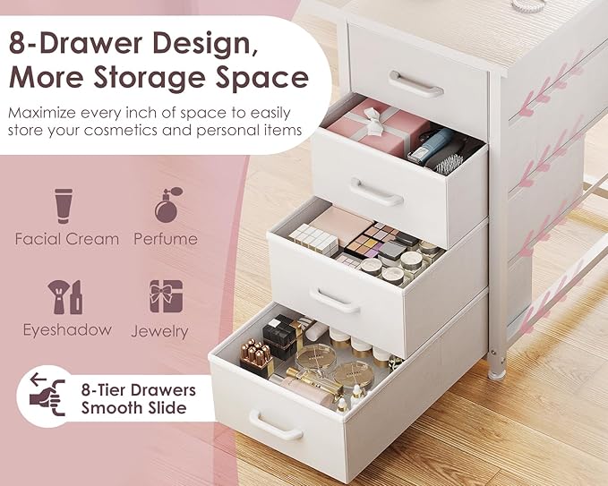 ODK 48 Inch Vanity Desk with 8 Fabric Drawers, Modern Makeup Desk for Bedroom & Dressing Room with Large Storage, Ideal for Home Office, Study, Pure White