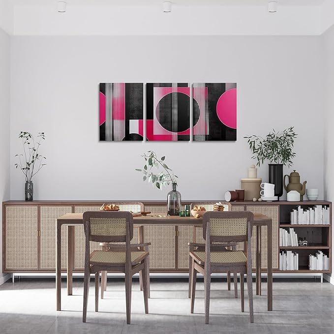 jejeloiu 12"x16"x3pcs Office Decorations Artwork Posters Modern Geometric 3 Piece Canvas Wall Art for Living Room Bedroom Hot Pink Abstract Art Picture Wall Decor