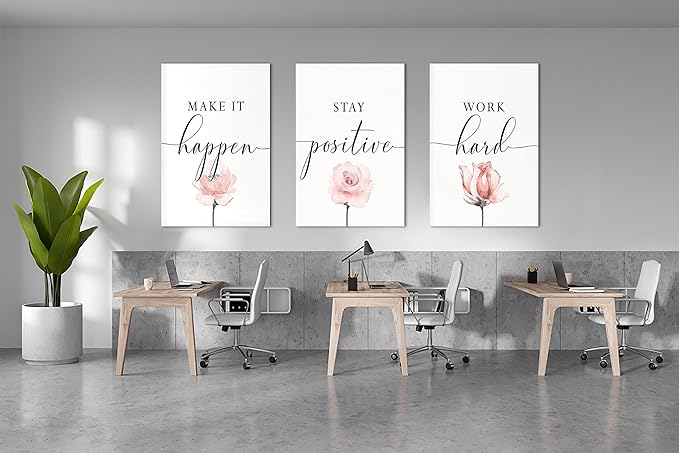 SHMAO 3 Piece Office Canvas Wall Art, Motivational Quotes Poster Flowers Print Pictures Wall Decor for Office, Women Inspirational Framed Artwork Home Office Decor 24''x36'' x 3 Pcs