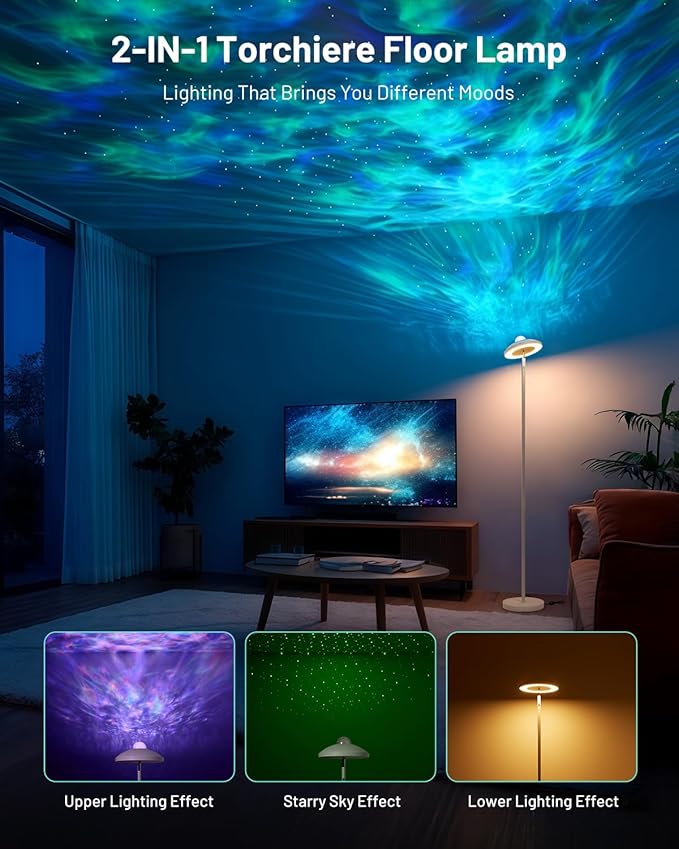 RGB Floor Lamp with Star Projector & Remote Control, Dimmable LED Standing Tall Lamp 15W, Stepless Adjustable 3000-6000K Color, 69" Modern White Corner Torchiere Light for Bedroom, Living Room
