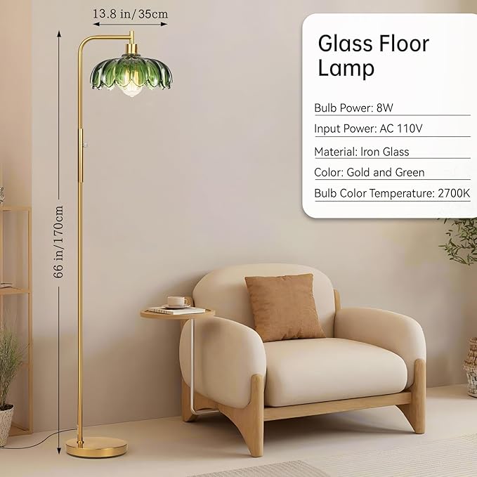 Glass Floor Lamp for Living Room, Dimmer Standing Lamp with Green Lampshade,66” Tall Lamp & Gold Floor Lamp for Bedroom Study Room,Brushed Gold LED Bulb Included (Flower Green Glass Shade)