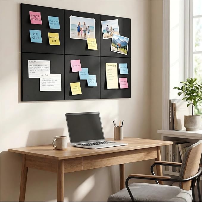Cork Board for Walls 36" x 24", Black Bulletin Boards, 6 Pack Felt Cork Tiles with Removable Adhesive & 30 Pushpins, Cork Boards for Office, Home, Classroom, Kids Room