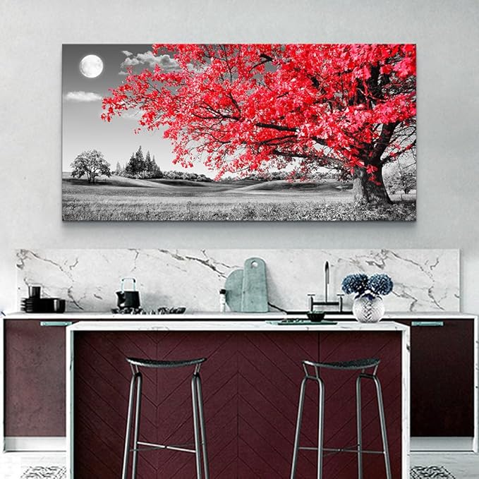 Canvas Wall Art For Living Room Office Wall Decor Bedroom Decor Black And White Landscape Wall Painting Red Tree Wall Pictures Canvas Art Prints Ready To Hang For Room Home Decoration 48 X 24