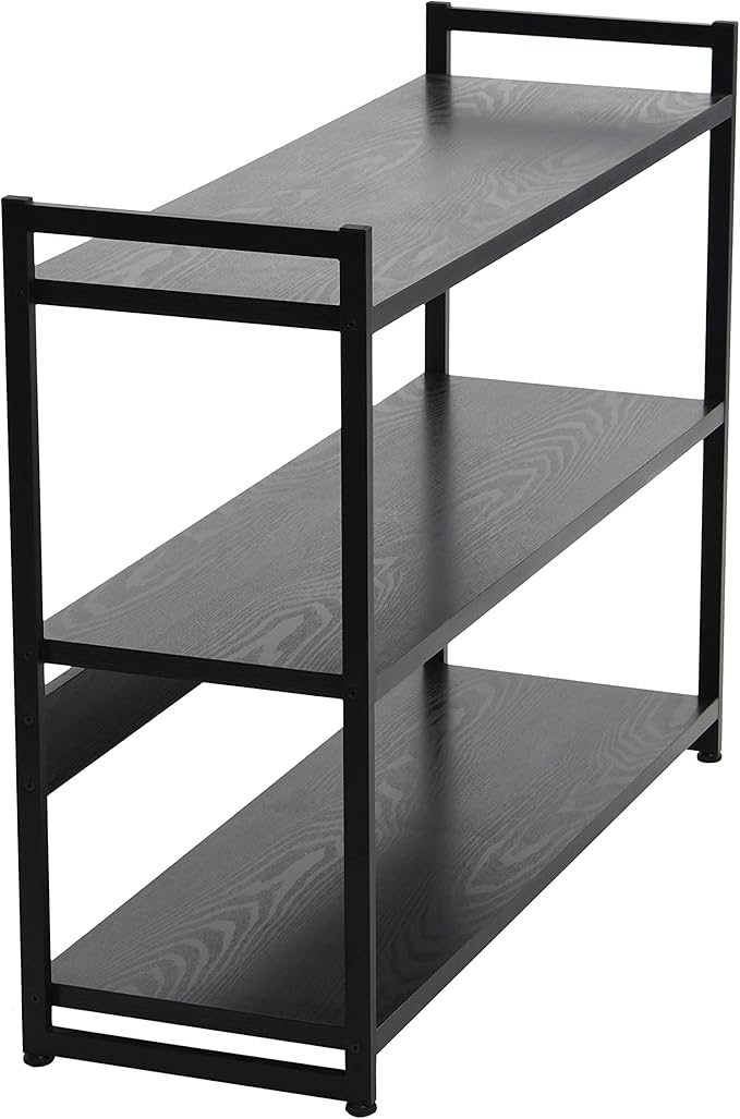 Household Essentials Jamestown Wide 3 Shelf Open Storage Bookshelf Black Oak Wood Grain and Black Metal