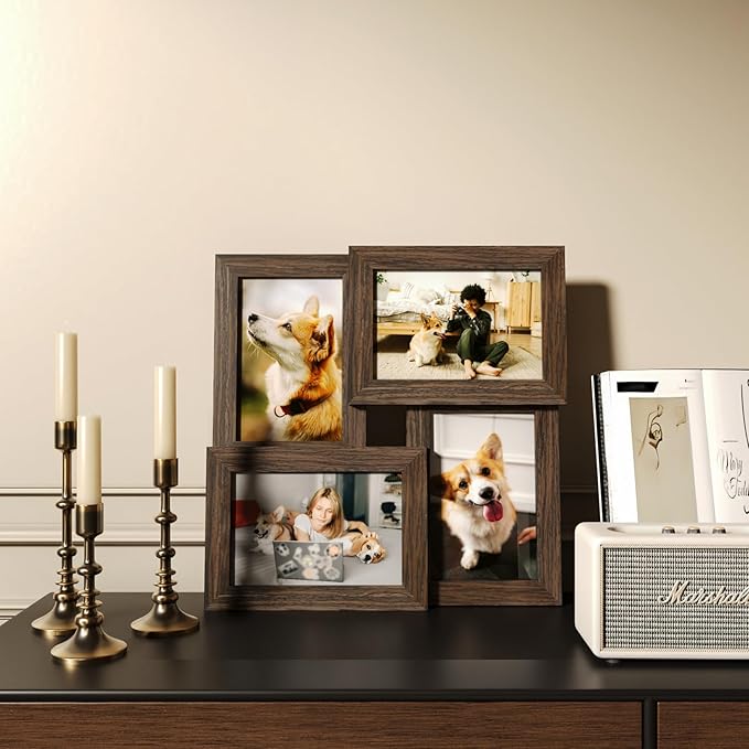 Egofine 4x6 Family Picture Frame Collage, for 4x6 pictures Covered by Plexiglass for Wall Hanging and Tabletop, 4-opening Dimensional Picture Frame for Home Deor, Rustic Brown