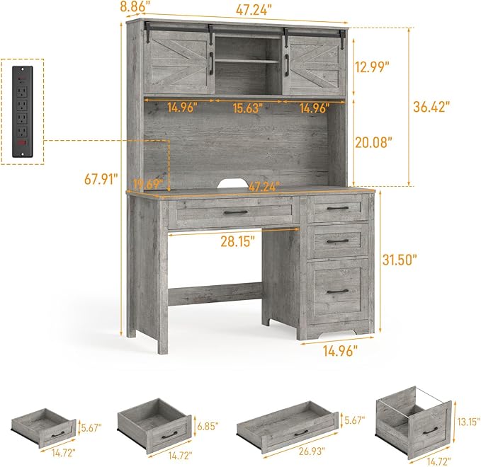 Vabches Farmhouse 67" H Executive Desk with Hutch,Office Table with LED Light and 5 Drawers,Computer Desk with Charging Station,File Drawers and Storage Cabinet,Workstation for Home Office.Grey
