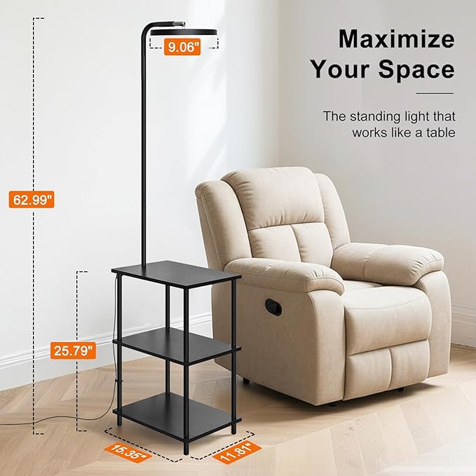 LED Floor Lamp with Table, 25W/3000LM Super Bright Floor Lamp with Remote, End Table with Lamp Attached Stepless Dimmable, Side Tables with Lamp with 350° Rotating Head for Living Room Bedroom Office