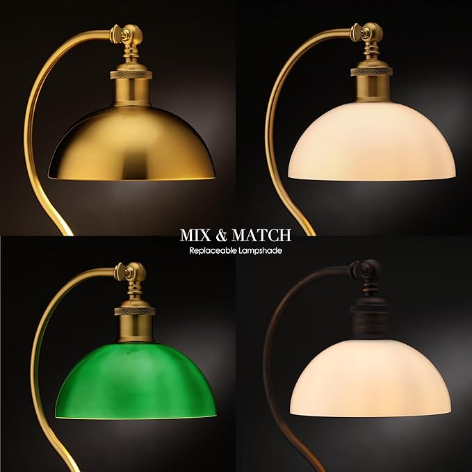 O’Bright Heritage - Banker’s Floor Lamp, 3-Level Touch Dimming, Adjustable Tilt Shade, Removable Lampshade Design, E26 Socket with 6W Dimmable LED Bulb, Green Glass Shade, Antique Brass