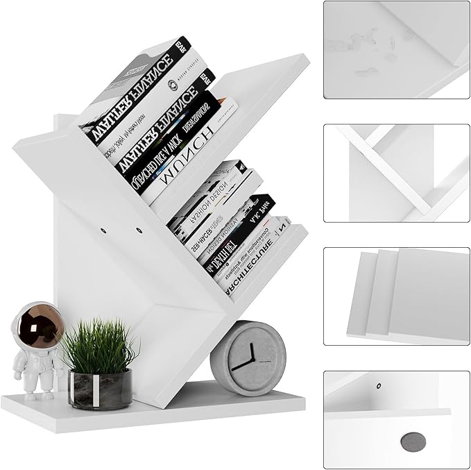 YMYNY 2 Tier Modern Wood Tree Bookshelf, Small Bookcase, Freestanding Book Shelf for Books/Movies/CDs, Display Rack for Bedroom, Home Office, White UHBC012W