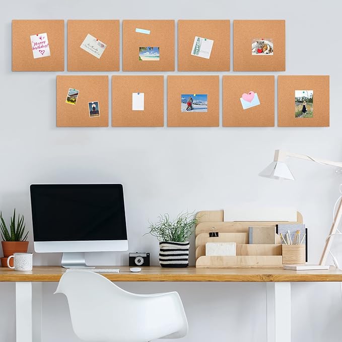Kosiz 30 Pack Cork Board Square 12" x 12", 1/4" Thick Cork Board Tiles Bulk for Wall Self Adhesive Bulletin Corkboards Tiles Sheet for Wall School Office Home Decoration