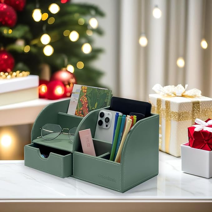 UnionBasic Desk Organizer - Multifunctional Leather Desktop Pen Holder Storage Box - Business Card/Pen/Pencil/Mobile Phone/Stationery Holder, Malachite Green