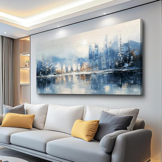 QIYILEXWART Large Wall Decor For Living Room Stretched And Framed Canvas Wall Art For Office Wall Decoration For Bedroom The Blue Lake Painting Abstract Watercolour Picture Home Decor Ready To Hang