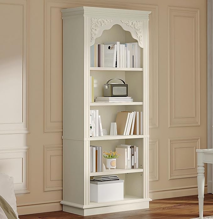 YITAHOME Vintage 72.4" Tall Bookshelf, 5-Tier Arched Bookcase with Storage, Roman Columns and Classical Carved Design, Open Display Rack with Adjustable Shelves for Living Room and Home Office, White