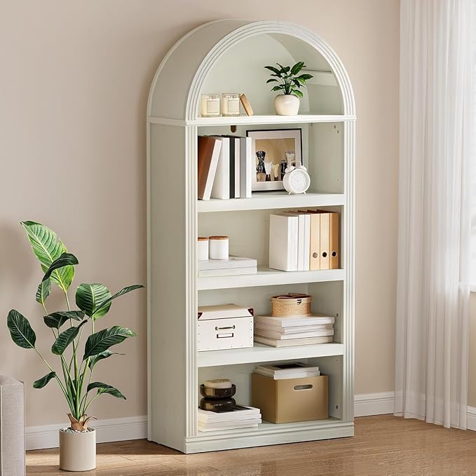 YITAHOME Vintage 68.5" Tall Arched Bookshelf, Tall Bookcase 5 Tiers Arched Bookcase with Storage, White Bookshelf Display Storage Rack with Adjustable Shelves for Living Room, Office, Antique White