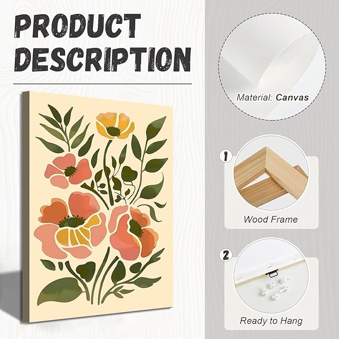 SFXYRTAH 3Pcs Boho Floral Canvas Wall Art Abstract Botanical Flower Prints Minimalist Plant Artwork for Living Room Bedroom Office Home Decor (16x24in canvas)