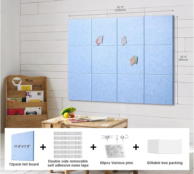 Felt Wall Tiles Bulletin Board Large Cork Board Alternative 12 Pack 11.81”x11.81”x0.47” Felt Pin Board Tack Board with Safe Removable Adhesive Tabs for Home Office School 48x36(Light Blue)