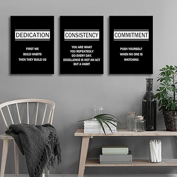 Dedication Consistency Commitment Motivational Canvas Wall Art Office Decor 3 Pieces Inspirational Quotes Posters Print Artwork for Bedroom Home Bathroom Wall Picture Ready to Hang [36''W x 16''H]