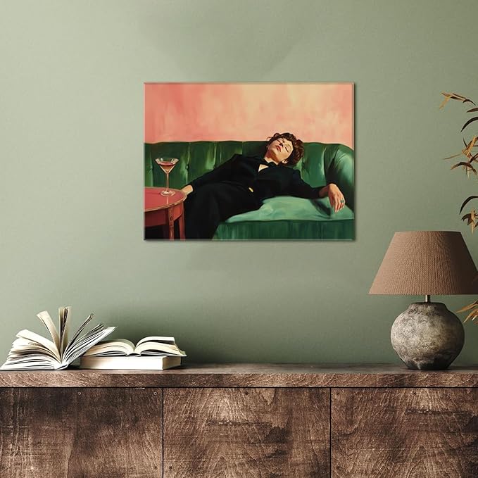 Vintage Woman Wall Art Funky Victorian Lady Lying on Couch Canvas Prints Moody Painting Poster Eclectic Aesthetic Wall Decor Picture Home Decor for Girly Bedroom Living Room 16X24Inch Framed