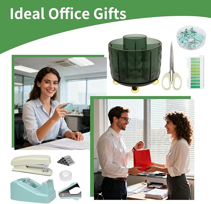 RAWILL Green Office Desk Accessories,10 Pcs Sage Green Desk Organizer Set,360° Rotating Pen Holder,Tape Dispenser,Staple Remover,Scissors,Stapler,Sticky Notes,Memo Pads,Adhesive Tape,Gifts for Office