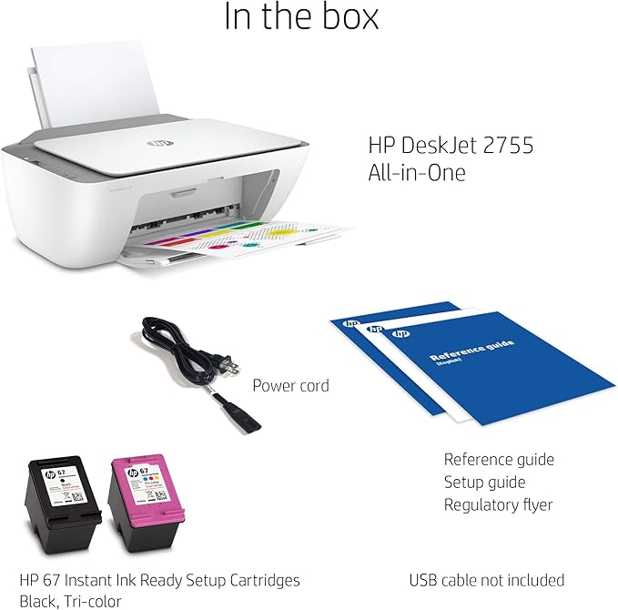 HP DeskJet 2755 All-in-One Wireless Printer Scanner Copier Instant Ink Ready Mobile Print Black 7.5ppm Color 5.5ppm Wifi Inkjet Computer Printers for Home Use and Office, Grey (Renewed)