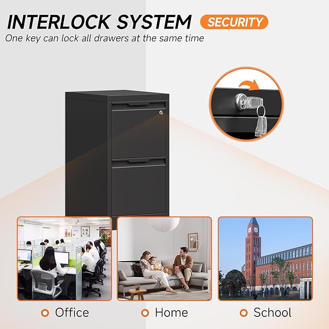 Coolsun 2 Drawer Vertical File Cabinet with Lock, Metal Filing Cabinet for Home Office, Locking File Cabinet for A4/F4/Legal/Letter, Assembly Required (Black, 2 Drawer)