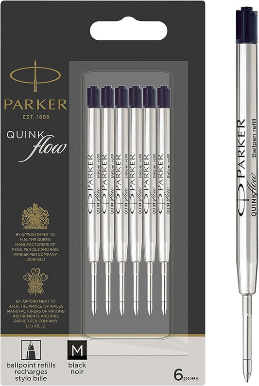Parker QUINKflow Ballpoint Pen Refills Medium Point Black Ink 6 Count Value Pack - Compatible with Parker Jotter Pens