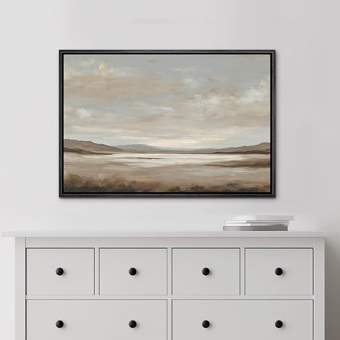 MUDECOR Framed Canvas Print Wall Art Serene Desert Landscape Neutral Earth Tone Illustrations Minimalism Decorative Relax Colorful for Living Room, Bedroom, Office - 16"x24" Black
