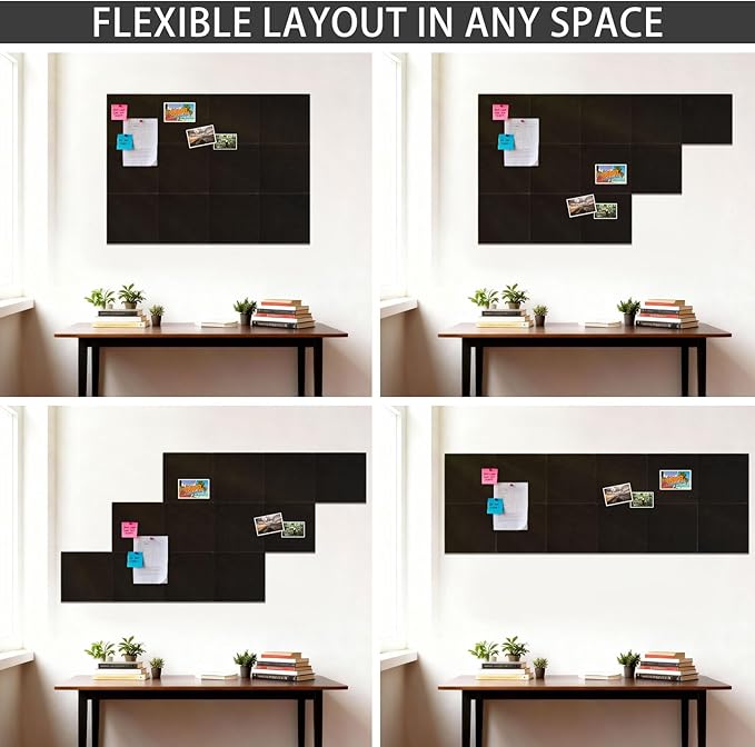 Large Cork Boards for Walls 48" x 36", 12 Pack Black Bulletin Board, Felt Wall Tiles with 72 Safe Removable Adhesive Tabs, Pinboard Cork Board for Office Home Decor